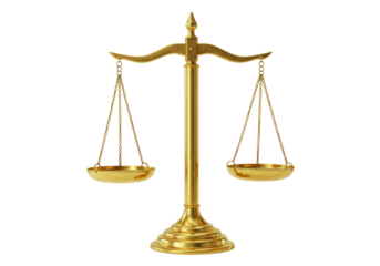 Golden scales of justice isolated on transparent background, symbol of law and fairness in court, legal balance concept