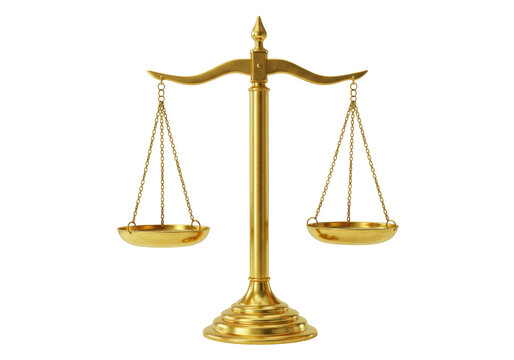 Golden scales of justice isolated on transparent background, symbol of law and fairness in court, legal balance concept