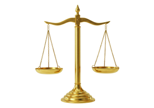 Golden scales of justice isolated on transparent background, symbol of law and fairness in court, legal balance concept