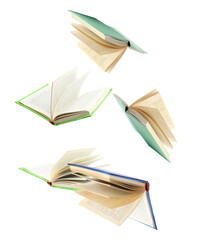 dynamic photograph of open books with various colored covers suspended in mid-air, symbolizing...