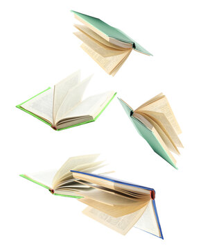 dynamic photograph of open books with various colored covers suspended in mid-air, symbolizing concepts of education, knowledge transfer, literature, and rigorous academic study.