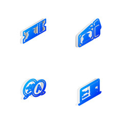 Set Isometric line Museum ticket, , Translator and Online hotel booking icon. Vector