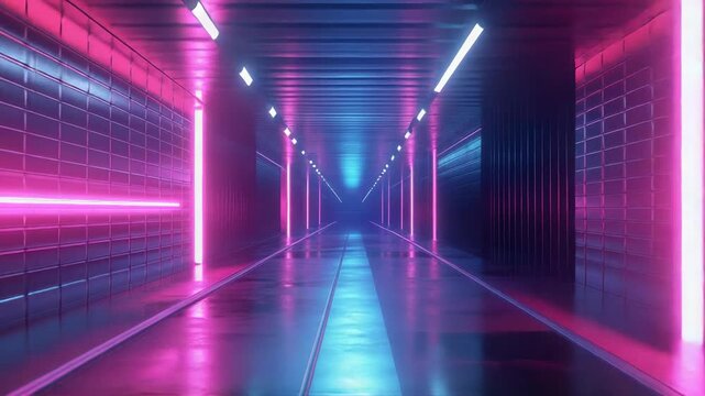 Futuristic neon light tunnel creating cyberpunk atmosphere