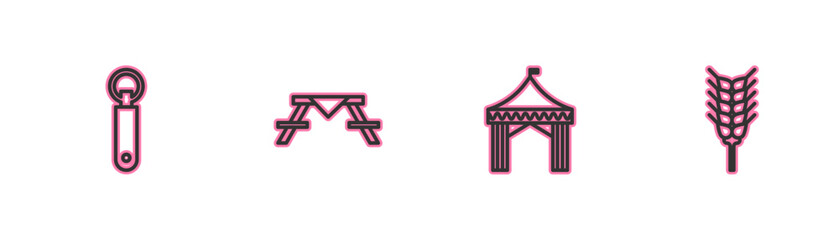 Set line Bottle opener, Camping tent, Picnic table with benches and Wheat icon. Vector