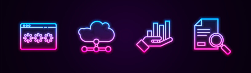 Set line Password protection, Network cloud connection, Pie chart infographic and Document with search. Glowing neon icon. Vector