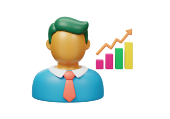 3D businessman with rising graph isolated on transparent PNG, financial growth and success concept for business presentations