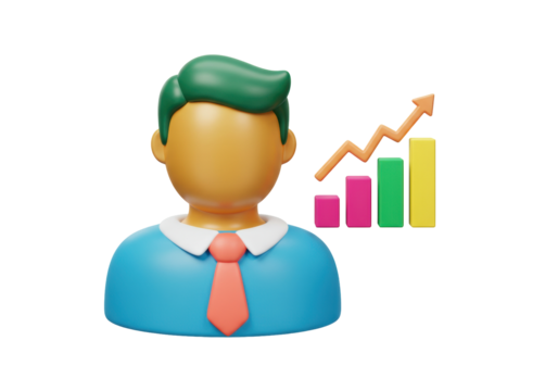 3D businessman with rising graph isolated on transparent PNG, financial growth and success concept for business presentations