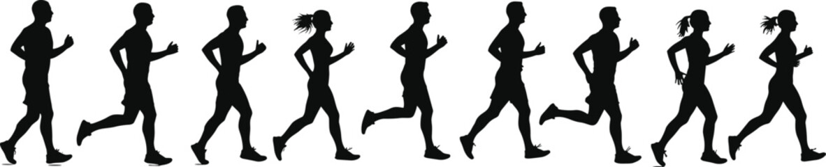 Silhouette sequence of men and women jogging and running in motion, fitness training, exercise, healthy lifestyle, sport activity illustration