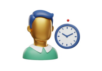 Stylized faceless person with blue hair and clock isolated on transparent PNG, time management and productivity concept