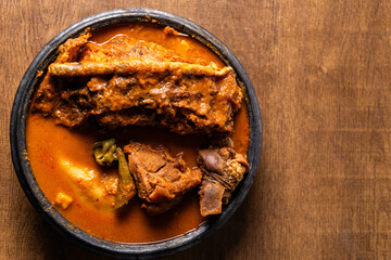Fufu With Smoked Fish Light Soup and Goat Meat, Africa Ghana Traditional Dish