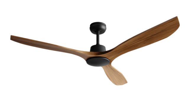 Ceiling Fan Design: A sleek, modern ceiling fan with elegant wooden blades spins, illustrating design and cooling technology.