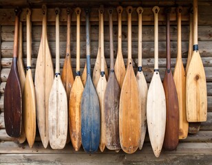 Wooden paddles hanging from a wall