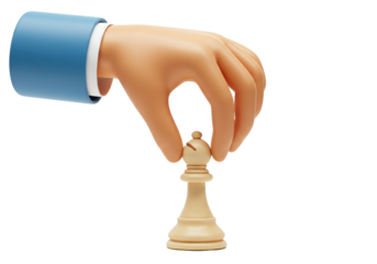 Cartoon hand holding a bishop chess piece isolated on transparent background, strategy game element for design and educational use