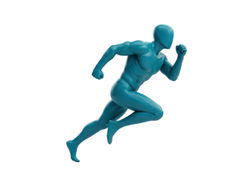 Dynamic blue mannequin running isolated PNG, athletic figure in motion for sports and fitness concepts