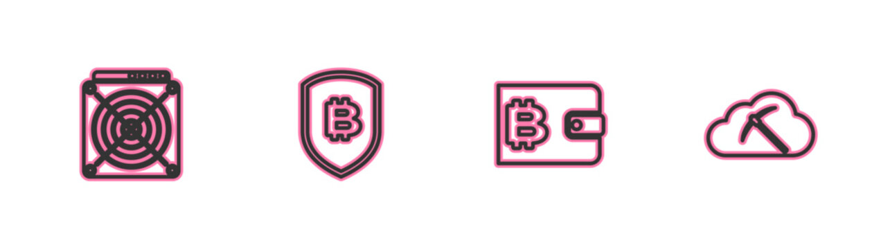 Set line ASIC Miner, Cryptocurrency wallet, Shield with bitcoin and cloud mining icon. Vector