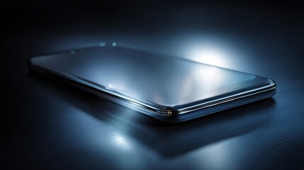 A sleek smartphone with a reflective surface, illuminated in soft blue light, set against a dark background for a modern tech vibe.