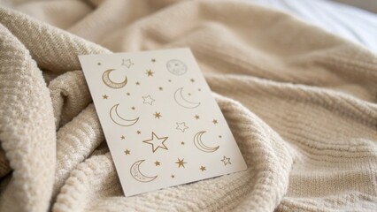 minimalist baby shower decor A cozy scene featuring a patterned sheet with celestial designs on soft fabric.