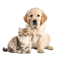 Fototapeta premium Golden Retriever puppy and kitten sitting together, looking forward