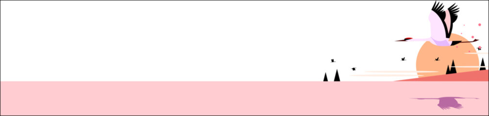 鶴が飛ぶ年始の日の出の風景