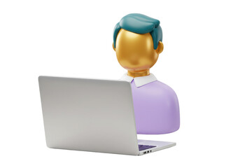 3D rendering of a person using a laptop isolated on transparent background, avatar for business and technology concepts