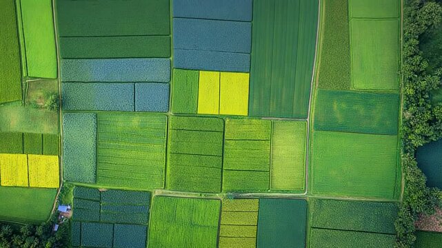 Aerial view showing green farm fields agriculture patchwork