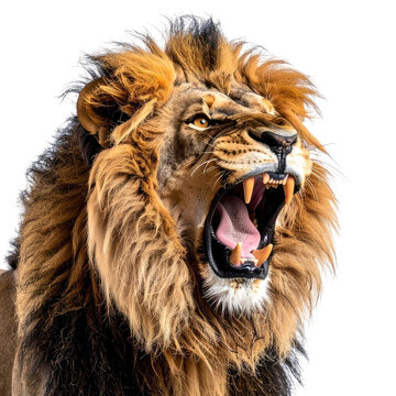 Fierce lion roaring, close-up, showing teeth, mane and fur