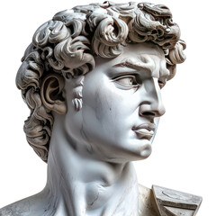 Marble statue of a male figure, focused on head and shoulders, dramatic lighting