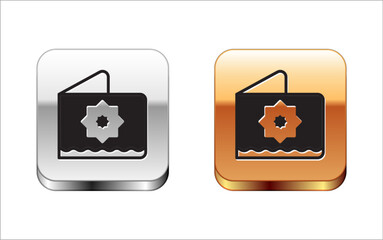 Black Islamic octagonal star ornament icon isolated on white background. Silver and gold square buttons. Vector