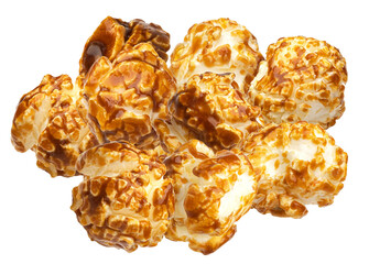 large, appetizing pile of freshly popped caramel covered popcorn kernels stacked high, showcasing rich texture on a transparent background