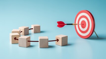 Wooden Blocks with Arrows Leading to Target on Blue Background