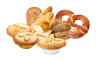 photograph of a rustic collection of assorted freshly baked goods, featuring different types of bread loaves, sliced bread, pretzels, and savory pies, isolated on black.
