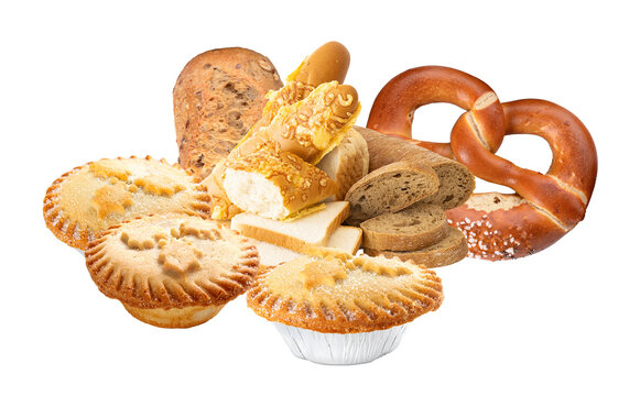 photograph of a rustic collection of assorted freshly baked goods, featuring different types of bread loaves, sliced bread, pretzels, and savory pies, isolated on black. - Powered by Adobe
