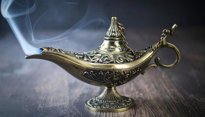 Bronze magic lamp with detailed engravings, glowing with ethereal light, dramatic shadows