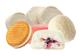 photograph depicting a delicious arrangement of japanese mochi ice cream desserts, showcasing different flavors, colors, and textures, isolated on black.