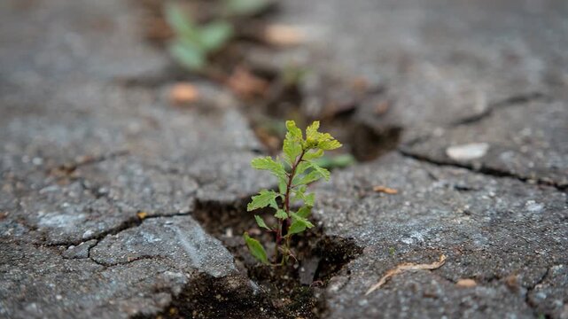 A small green plant emerges from cracked concrete, symbolizing resilience and the power of life pushing through adversity in an urban environment.