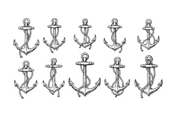 Anchors and Ropes Set engraving vector illustration