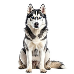 Fototapeta premium Majestic Husky sits, bright blue eyes, against black backdrop. Fluffy fur, attentive gaze