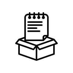 Outline Icon of a Spiral Notebook Filled with Lines of Text Placed Inside an Open Cardboard Box Isolated on a Transparent Background