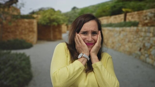 Young hispanic woman covers face with hands in stone courtyard; fear anxiety distress vulnerability.
