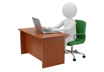 3D stick figure working on laptop isolated, sitting at desk on green office chair, business concept for presentations and design