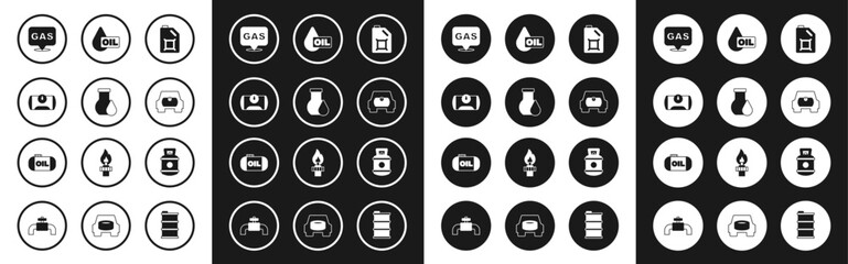Set Canister for motor oil, Oil petrol test tube, Gas tank vehicle, Location and gas station, drop, Propane and storage icon. Vector