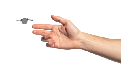 浮かぶホイッスルに手が伸びる｜背景なし・透過PNG・コピースペース