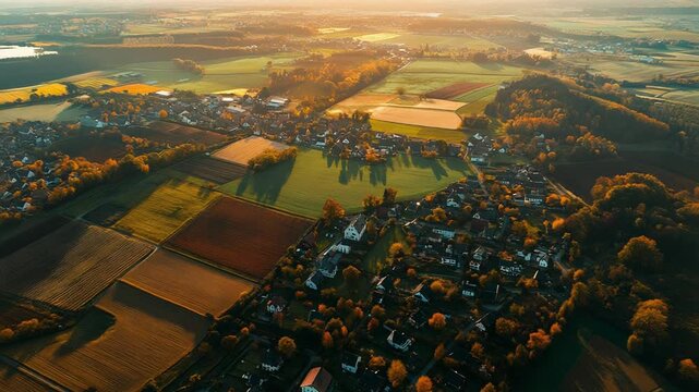 Rural village and autumn fields illuminated by sunset