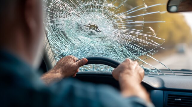 Man driving a car with broken windshield at the scene of a crash in a rural area during daylight hours