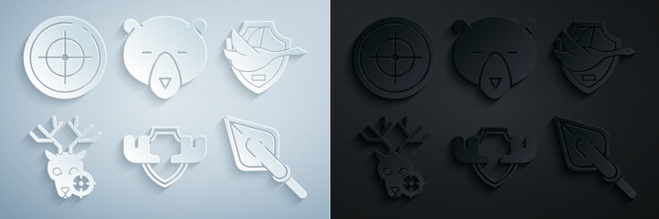 Set Moose horns on shield, Flying duck, Hunt deer with crosshairs, Hipster arrow tip, Bear head and Target sport for shooting competition icon. Vector © Oksana