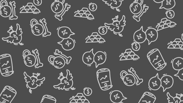 Animated seamless animated pattern of financial icons including a piggy bank with wings, money bags, and security symbols. Perfect for videos about fintech.