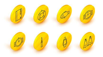 Set line Rubber flippers for swimming, Carabiner, Army knife, Diving watch, Wind rose, Fish, Lifebuoy and Underwater note book and pencil icon. Vector © Oksana