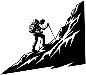 Bold hiker conquering rugged mountain peak with backpack, adventure and determination