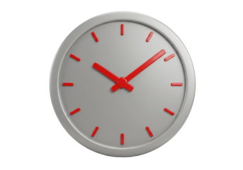 Gray wall clock with red hands isolated on white, time management and deadline concept in a minimalist style, PNG