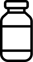 Minimalist black outline vector icon of a medical glass vial with an empty label, symbolizing vaccine, injection medicine, and pharmaceutical solution. Isolated on a transparent background